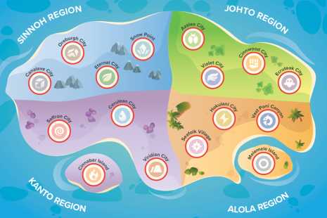 A trainer's map with four coloured regions: blue, green, orange, purple