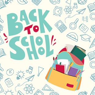 Illustration of school items, back to school text and backpack