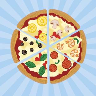 Illustration of pizza with slices with different toppings