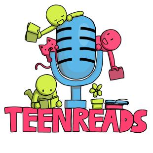 illustration of tiny people with books climbing on a blue microphone