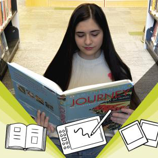 teenage girl reading a book in a library