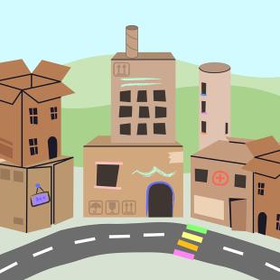 Four various sized buildings made out of cardboard with a black semicircle road in front of the buildings. Each building has black square windows and arched doorways. The road has a pink, orange, yellow and green crosswalk. 