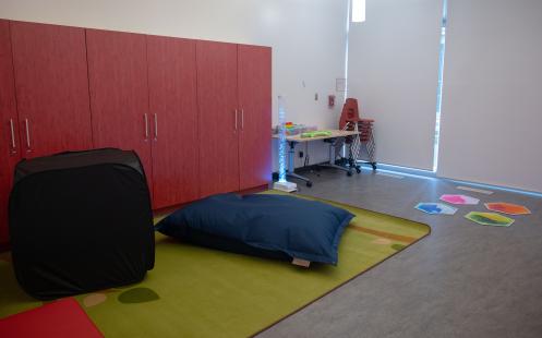  the library's first floor program room set up as a sensory-friendly low-stimulation room