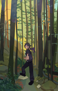 Illustration of a person entering a forest and beckoning the viewer to follower