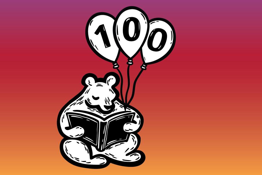 An illustration of a bear holding a book and balloons that say 100